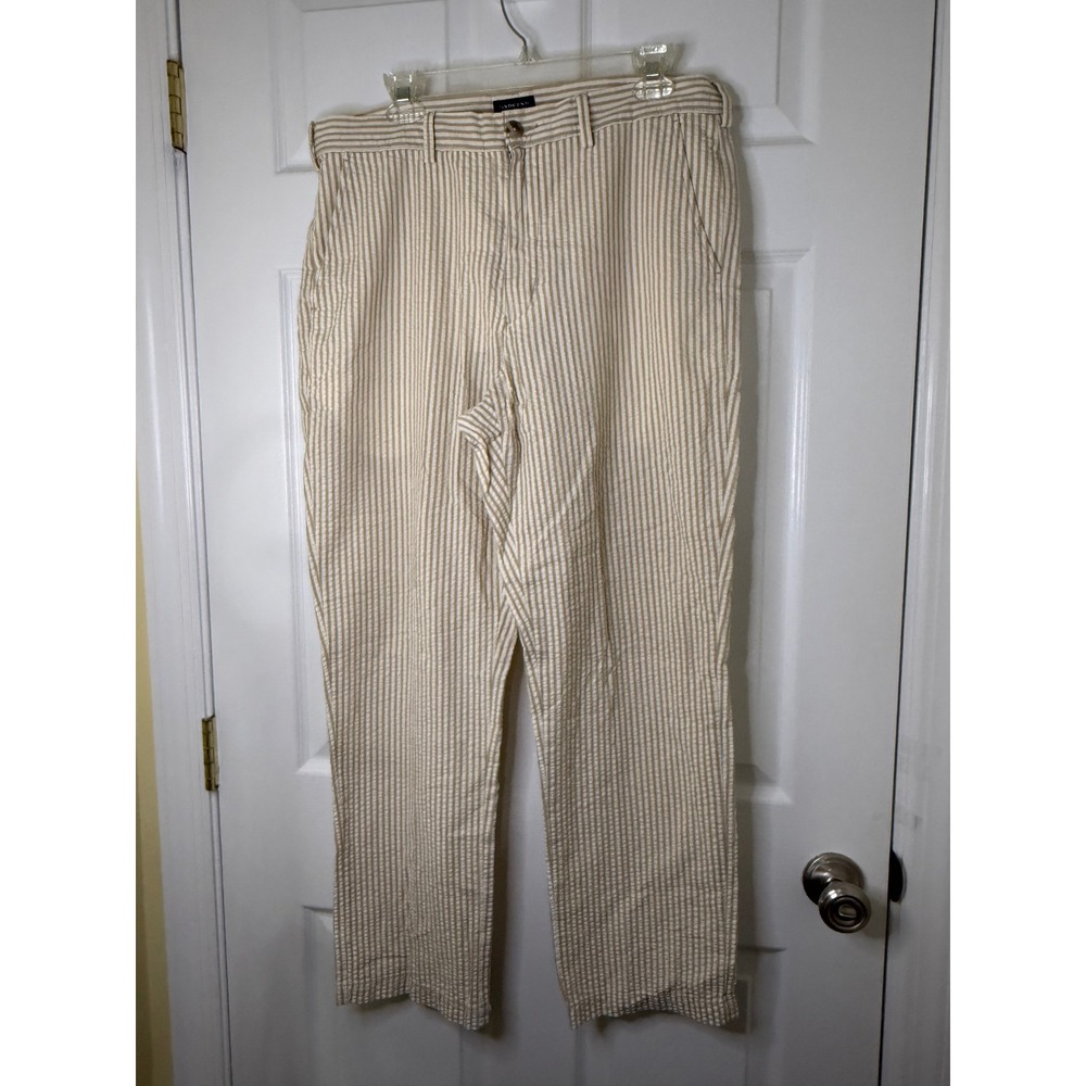 Lands' End Seersucker Preppy Pants Women 36 Tan White Tailored Fit Cotton